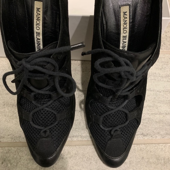 CONSIGNED. Manolo Blahnik Suede Heels with Mesh Overlay - Picture 12 of 16